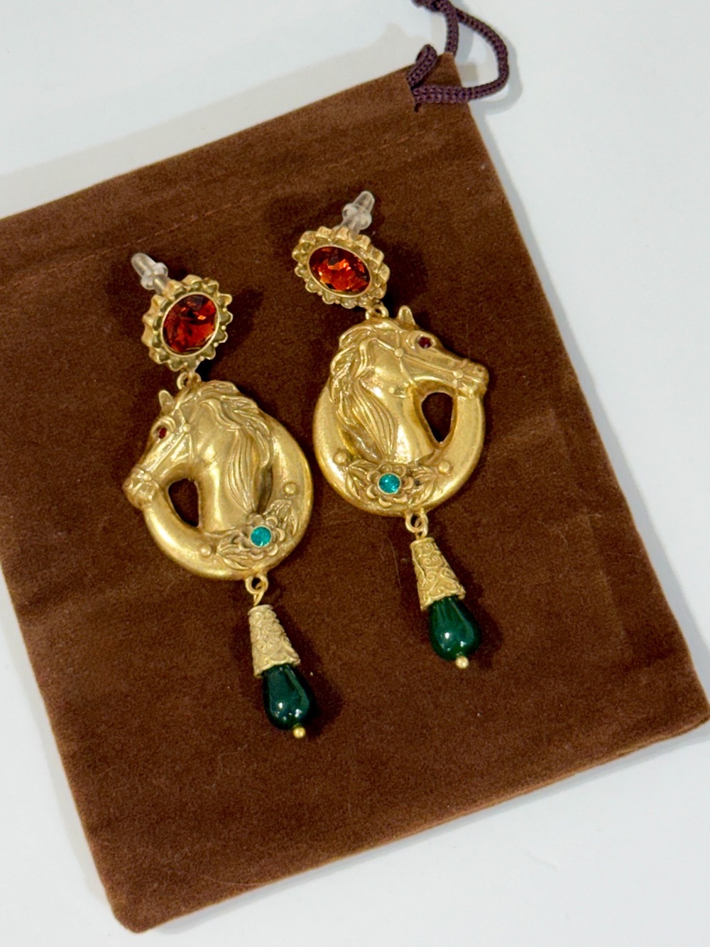 Neiman Marcus Gold Horse Jeweled Drop Earrings NEW - Picture 3 of 6